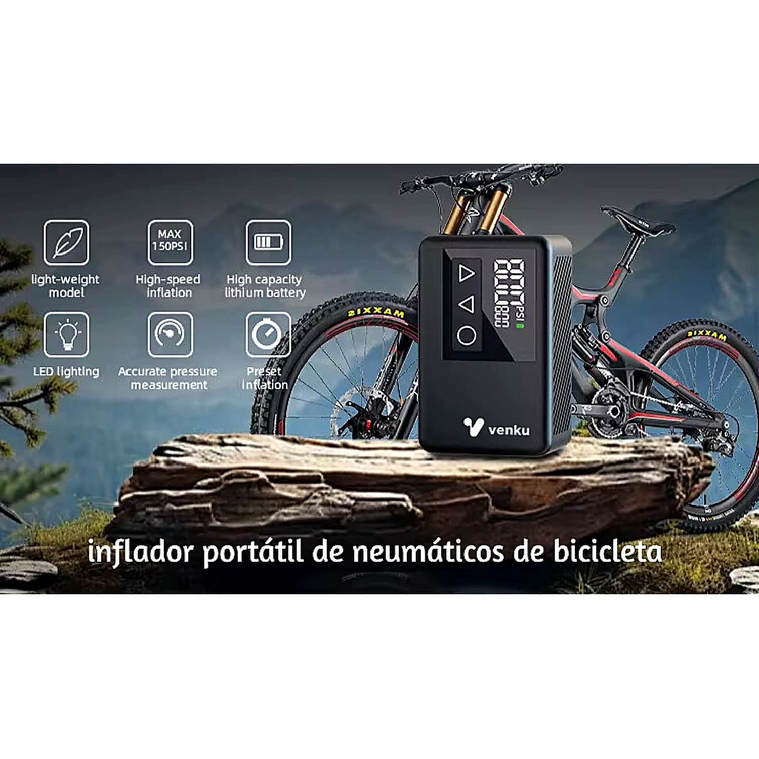 BL01 OK - Inflador portátil a batería para BICICLETAS Y PELOTAS 120psi Luz leds USB