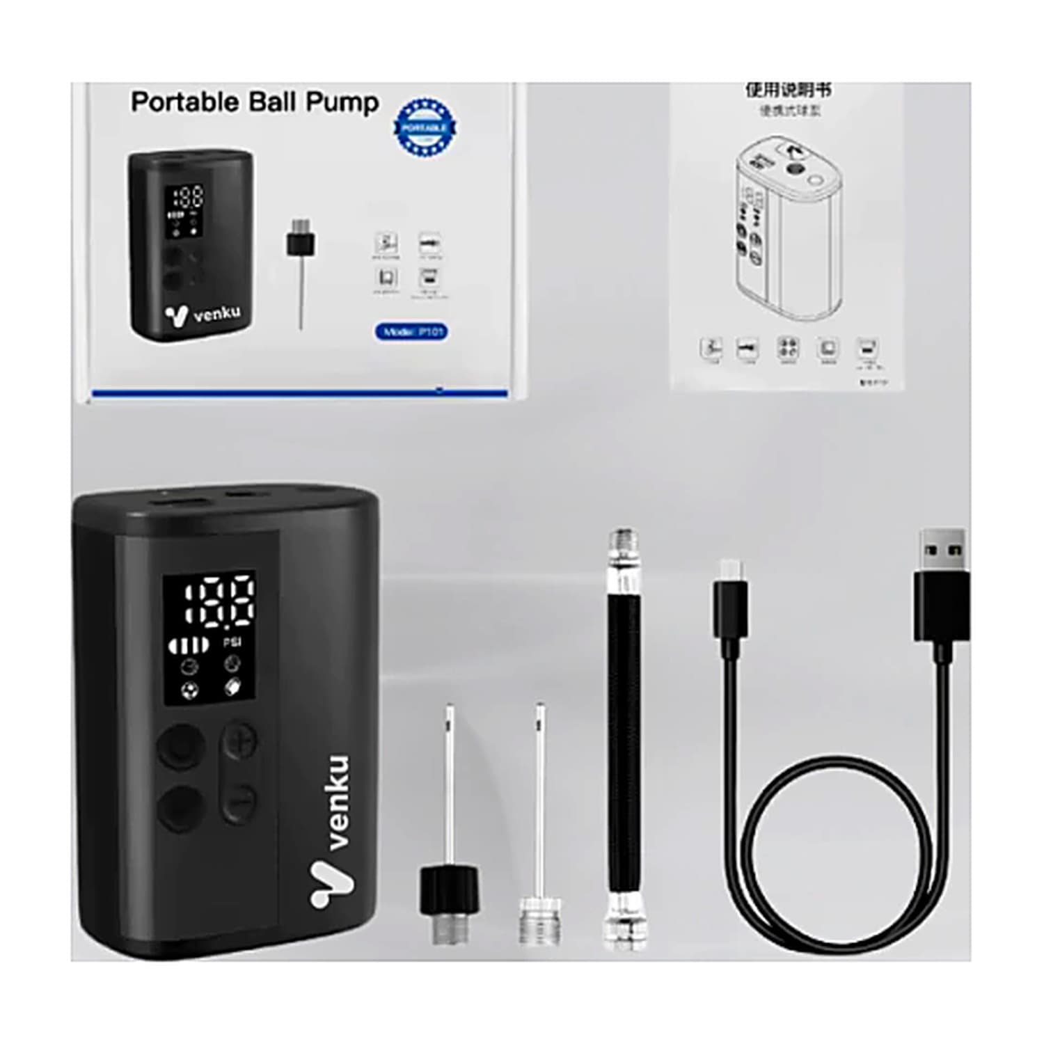 P101 - Mini Inflador Portátil Recargable Luz Led, Powerbank para PELOTAS