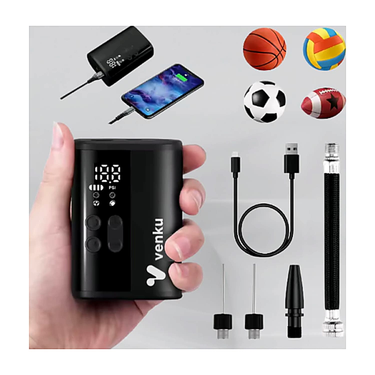 P101 - Mini Inflador Portátil Recargable Luz Led, Powerbank para PELOTAS